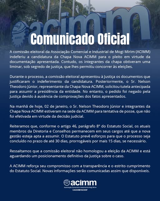 ACIMM divulga comunicado sobre posse